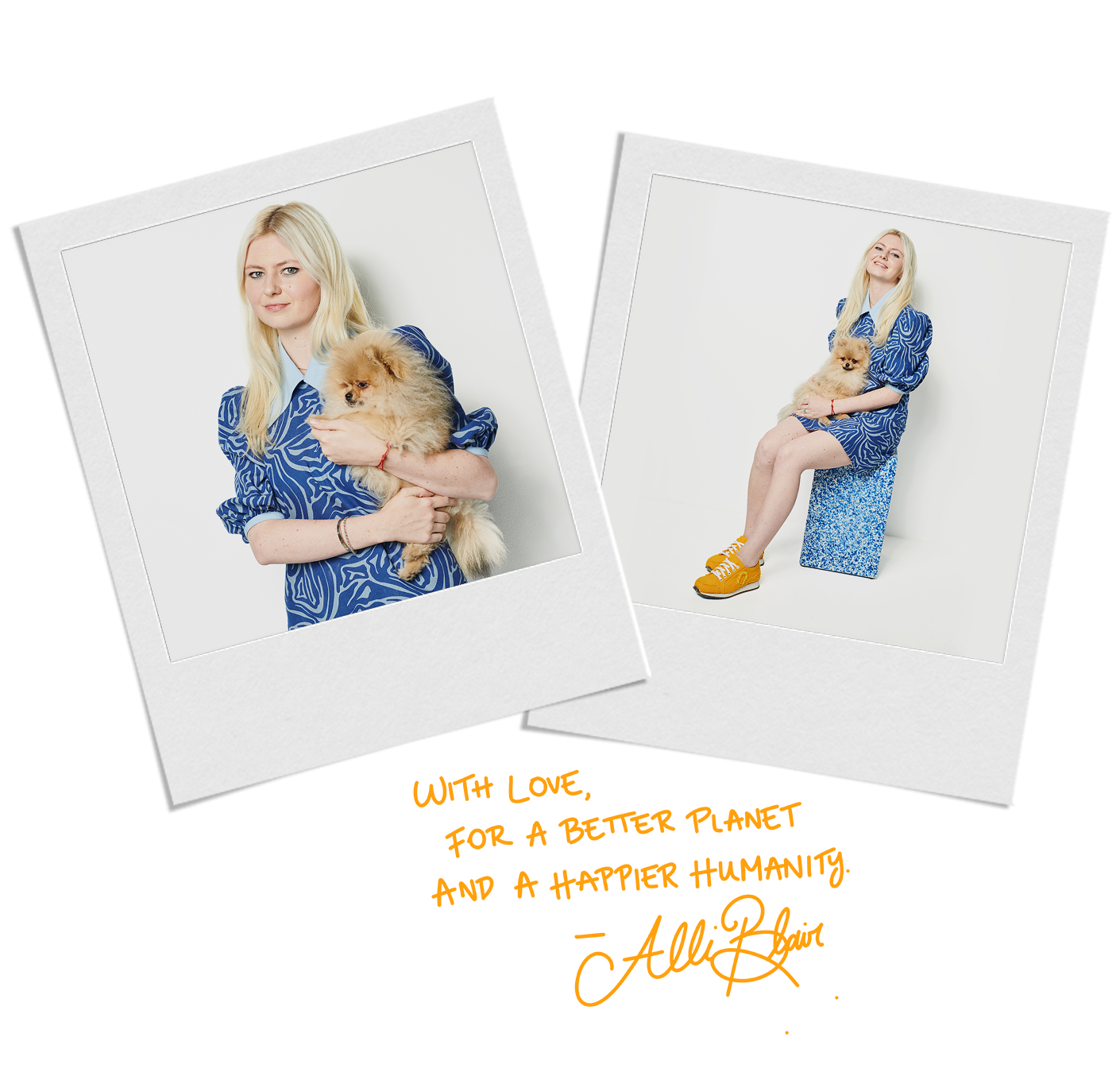 Photos of Alli Blair New York founder & with love for a better planet and a happier humanity signature.